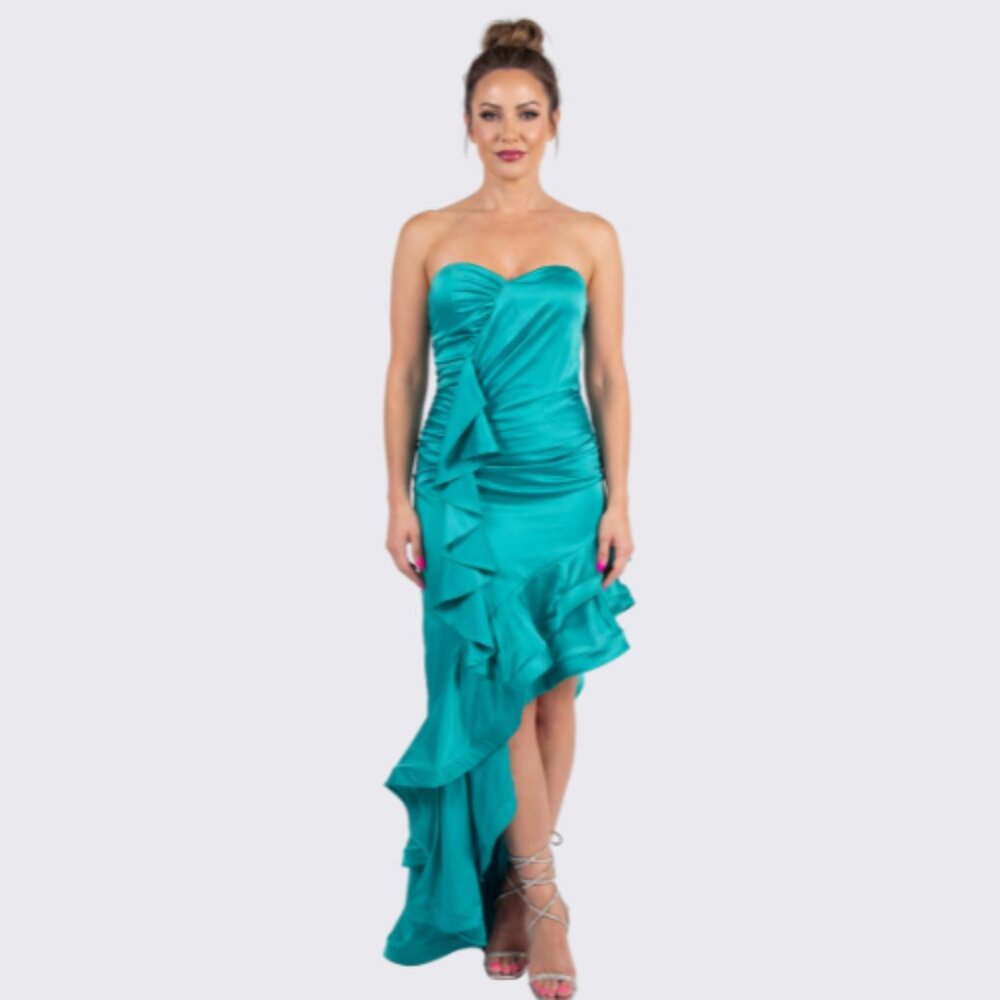 NWT Teal Satin Strapless High-Low Ruffle Dress Size Small